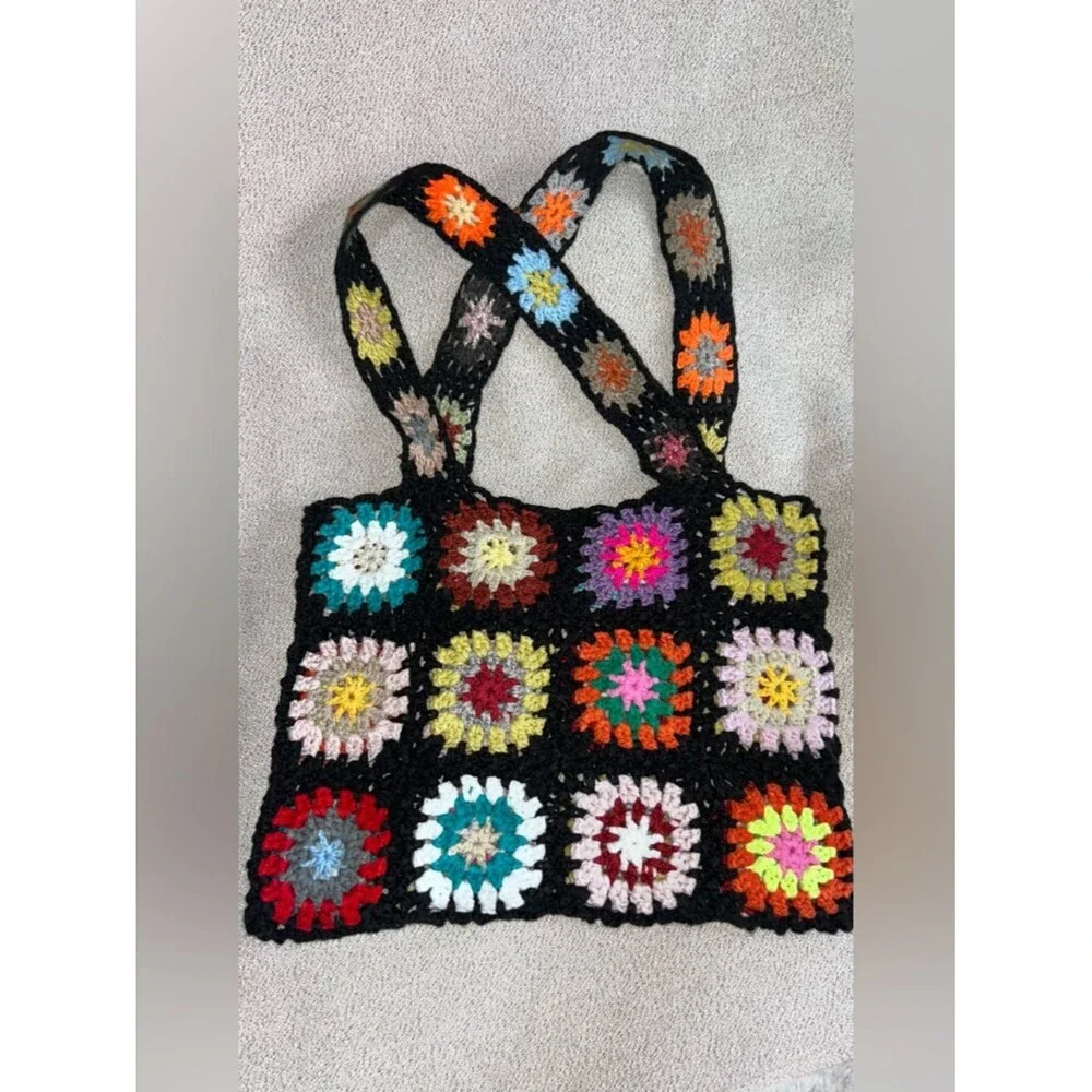 Handmade Crochet Granny Square Tote Bag Purse Bold Multicolor 70’s Hippie Boho